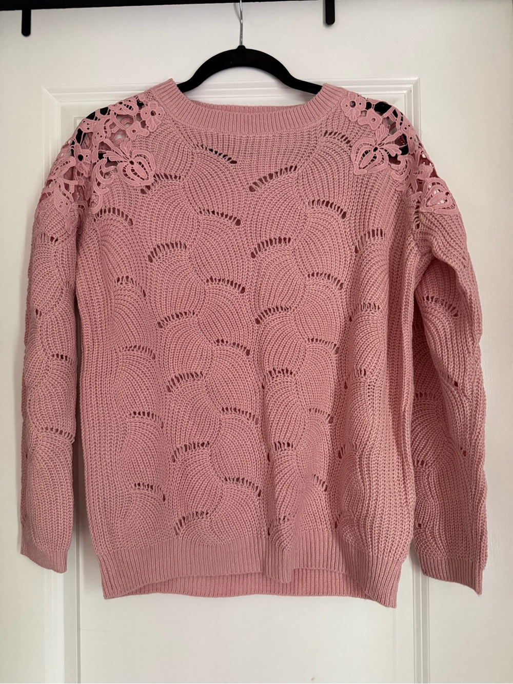 BiBi Pink Open-Weave Crewneck Sweater with Floral Shoulder Cutouts